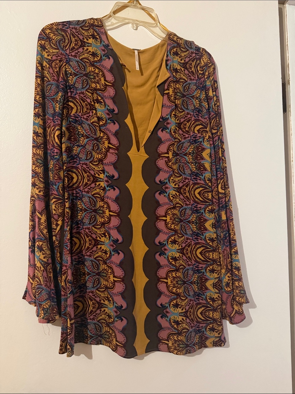 Free People Mustard Paisley-Print Long Sleeve Tunic with Pink & Blue Accents